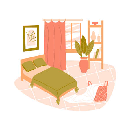 Vector flat illustration with furniture on white background. Modern interior items for a bedroom - bed, window, picture, houseplan, basket, shelvesのイラスト素材