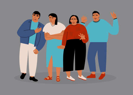A crowd of scared people. Men and women expressing fear on their faces. Vector flat illustration with scared charactersのイラスト素材