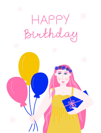 A woman holding a holiday box and air balloons in her hands. Happy birthday lettering. A person with a gift. Simple vector flat illustration with a girl going to a birthday partyのイラスト素材