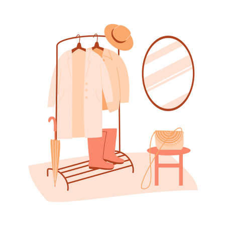 Vector flat illustration with furniture on white background. Modern interior items for the hallway - coat rack, mirror, carpet, stoolのイラスト素材