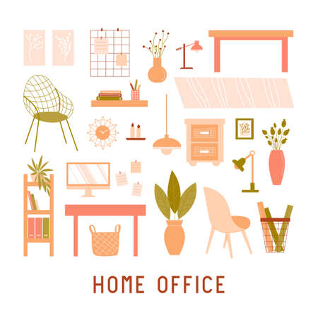 Collection of furniture on white background. Modern interior items for a home office - desk, chair, carpet, shelving, computer, houseplant. vector flat illustrationのイラスト素材