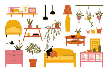 furniture collection. Modern interior items for living room. vector flat illustrationのイラスト素材