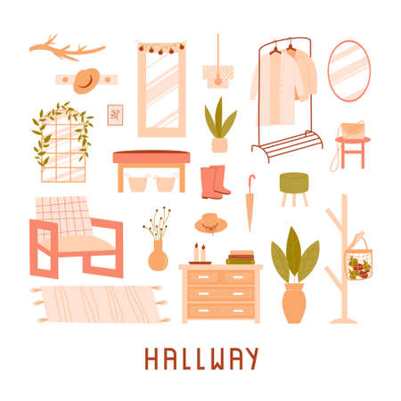 Collection of furniture on white background. Modern interior items for a hallway - hanger, mirror, armchair, carpet, chest, lamp, houseplant. vector flat illustrationのイラスト素材