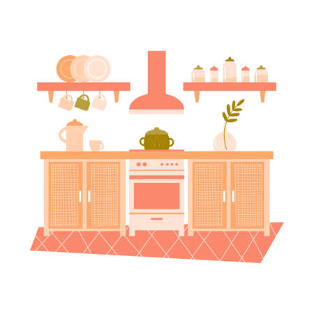 Vector flat illustration with furniture on white background. Modern interior items for a kitchen - stove, range hood, dishes, carpetのイラスト素材