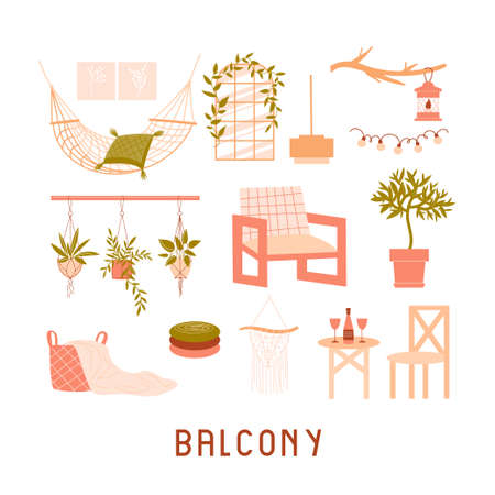 Collection of furniture on white background. Modern interior items for a balcony - window, table, armchair, carpet, hammock, lamp, houseplant. vector flat illustrationのイラスト素材