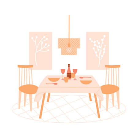Vector flat illustration with furniture on white background. Modern interior items for a dining room - table, chairs, pictures, lamp, dishesのイラスト素材