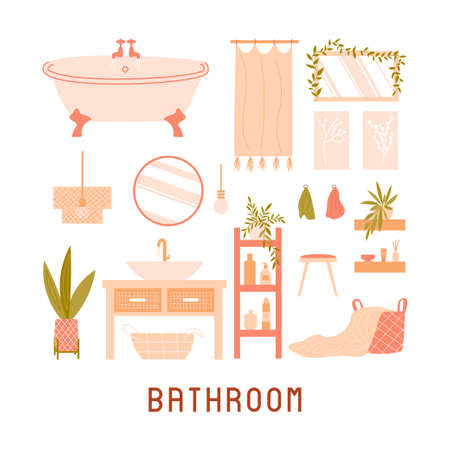 Collection of furniture on white background. Modern interior items for a bathroom - bath, mirror, wash-stand, basket, shelves. vector flat illustrationのイラスト素材