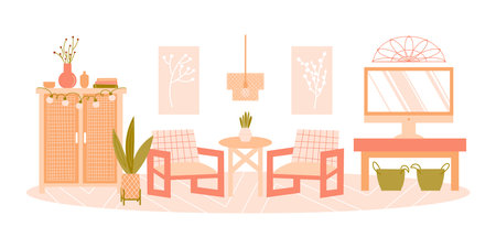 Vector flat illustration with furniture on white background. Modern interior items for living room - armchair, TV, houseplant, pictures, chest, table, lampのイラスト素材