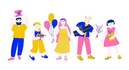 Set of different people with gifts. Characters holding holiday boxes, flowers and air balloons in their hands. Simple vector flat illustration with young people going to birthday partyのイラスト素材