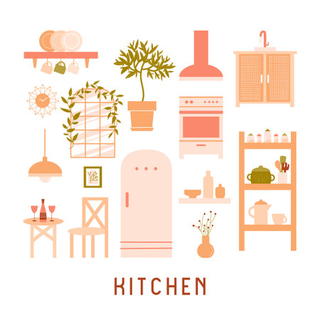 Collection of furniture on white background. Modern interior items for a kitchen - fridge, stove, dishes, sink, table, chair. vector flat illustrationのイラスト素材