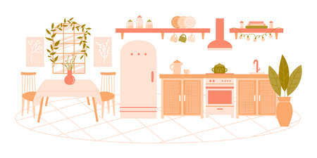 Modern interior items for a kitchen - fridge, table, houseplant, sink, window, lamp. Vector flat illustration with furniture on white backgroundのイラスト素材