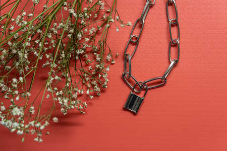 metal chain with a lock and dried flowers