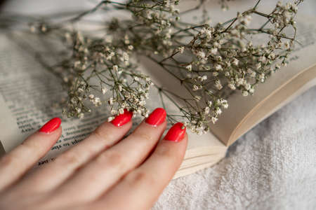 book and flowers and woman's hand with manicureの写真素材