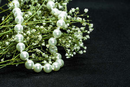 pearl necklace on a black background with dry flowers