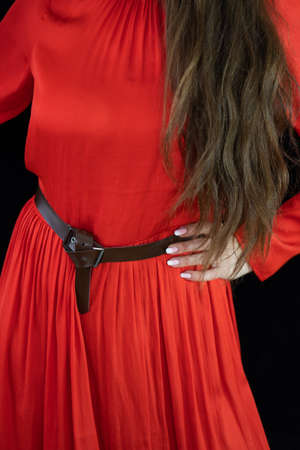 girl in a red dress with long hairの写真素材