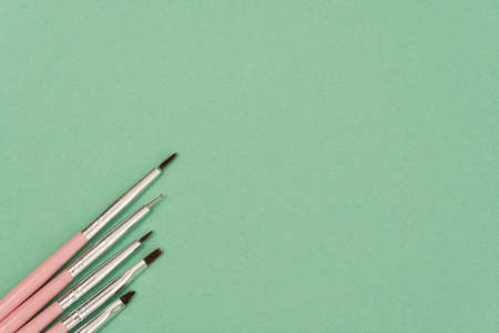 cosmetic flat lay: pink makeup brushes on green background
