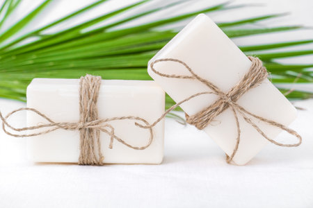 cosmetic flat lay: white soap on a white background with a green sprigの写真素材
