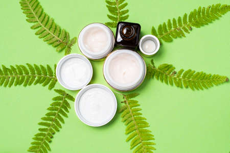 Flat lay composition with face care cosmetic products eye creams and green leaf on a green backgroundの写真素材
