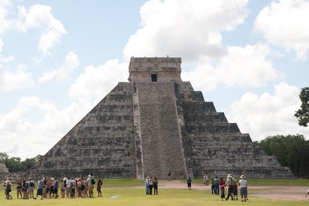 Temple of Kukulkan, often referred to as El Castillo (the castle), Chichen Itza (at the mouth of the...
