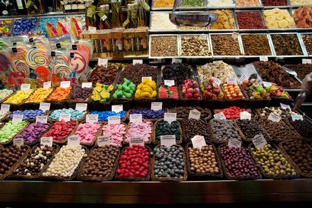 Assorted colorful candies at the candy shop in The Mercat de Sant Josep de la Boqueria, the Ciutat Vella district of Barcelona, Catalonia, Spain. 09 September 2010.のeditorial素材