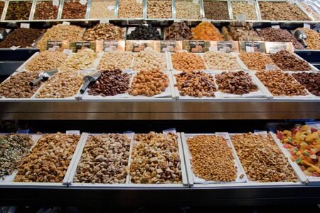 Assorted seeds and fruits in The Mercat de Sant Josep de la Boqueria, the Ciutat Vella district of Barcelona, Catalonia, Spain. 09 September 2010.のeditorial素材