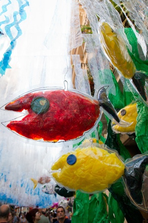 BARCELONA - AUGUST 17: Decoration  as part of the Gracia Festival 2011 (La Festa Major de Gracia 2011) on August 17, 2011 in Vila de Gracia, Barcelona, Spainのeditorial素材