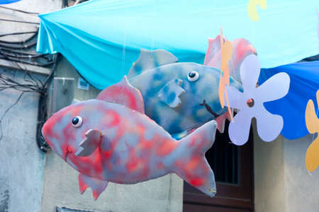 BARCELONA - AUGUST 17: Decoration  as part of the Gracia Festival 2011 (La Festa Major de Gracia 2011) on August 17, 2011 in Vila de Gracia, Barcelona, Spainのeditorial素材