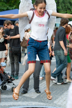 BUCHAREST - JUNE 15  People having fun on Street Arthur Verona - Painter as part of Street Delivery 2012, on June 15, 2012 in Bucharest, Romaniaのeditorial素材