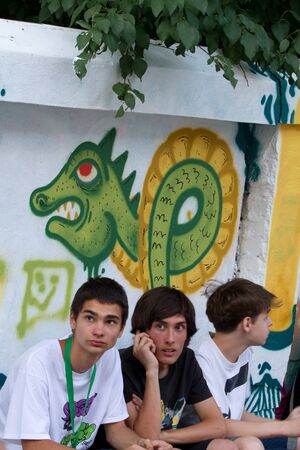 BUCHAREST - JUNE 15  Unknow artists paint graffiti on Arthur Verona - Painter street, as part of the Street Delivery 2012, on June 15, 2012 in Bucharest, Romaniaのeditorial素材