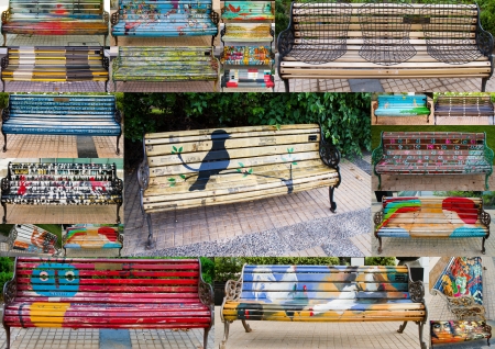 SANTIAGO - JANUARY 20  Painted benches by different artists on Isidora Goyenechea street in El Golf neighbourhood on January 20, 2013 in Santiago, Chileのeditorial素材