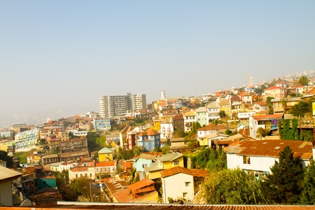 Aerial view of Concepcion and Alegre districts of the protected UNESCO World Heritage Site of Valparaiso on June 9, 2013 in Valparaiso, Chileのeditorial素材