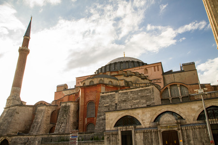 ISTANBUL, TURKEY - SEPTEMBER 23: Hagia Sophia former Greek Orthodox patriarchal basilica (church), later an imperial mosque, and now a museum (Ayasofya M?zesi) on September 23, 2014 in Istanbul, Turkeyのeditorial素材