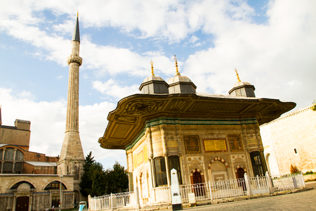 ISTANBUL, TURKEY - SEPTEMBER 23: Hagia Sophia former Greek Orthodox patriarchal basilica (church), later an imperial mosque, and now a museum (Ayasofya M?zesi) on September 23, 2014 in Istanbul, Turkeyのeditorial素材
