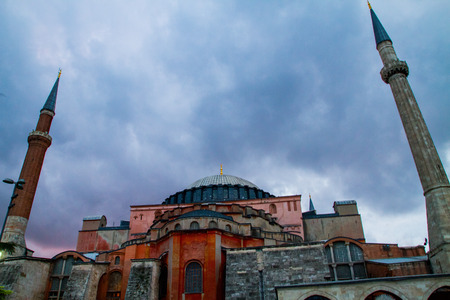 ISTANBUL, TURKEY - SEPTEMBER 23: Sunset over Hagia Sophia former Greek Orthodox patriarchal basilica (church), later an imperial mosque, and now a museum (Ayasofya M?zesi) on September 23, 2014 in Istanbul, Turkeyのeditorial素材