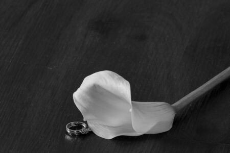 Black and white calla lily with wedding ring on wooden backgroundの写真素材