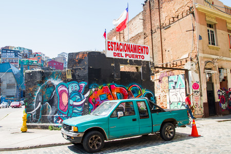 VALPARAISO - NOVEMBER 07: Street art in Concepcion and Alegre districts of the protected Valparaiso on November 7, 2015 in Valparaiso, Chileのeditorial素材