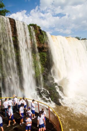 View of the Iguazu Iguacu) falls, the largest series of waterfalls on the planet, located between Brazil, Argentina, and Paraguay. At some times during the year one can see as many as 275 separate waterfalls cascading along the edges of 2,700 meters (1.6 のeditorial素材
