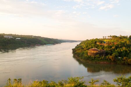 The confluence of river Parana with Iguazu in Argentinaの写真素材