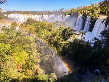 View of the Iguazu Iguacu) falls, the largest series of waterfalls on the planet, located between Brazil, Argentina, and Paraguay. At some times during the year one can see as many as 275 separate waterfalls cascading along the edges of 2,700 meters (1.6 の写真素材