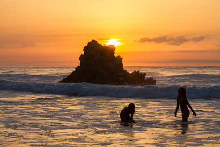 Sunset reflection in the ocean on Arrietara beach, Atxabiribil Sopelana, Basque Country (Euskadi), Spainの写真素材