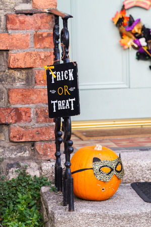 DUBLIN, IRELAND - October 2018: Colonial door with Halloween decorations. Halloween is an Irish holiday at origins. In Dublin, Ireland, October 2018のeditorial素材