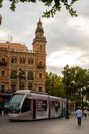 Sevilla, Spain - September, 21st:  Unknown people visiting touristic landmarks and looking at generic buildings in Seville,  Andalusia Spain on Sept 21st, 2019のeditorial素材