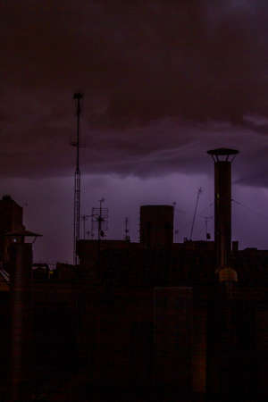 Madrid, Spain-April 18 2020: View of the city during evening thunderstorm as it is coping with the lockdown due to Coronavirus(COVID-19) infectious disease caused by Sars-cov-2のeditorial素材