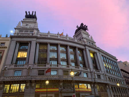 Madrid, Spain - May1-11 2020: View of celebration flags and banners on the city's buildings, after the total lockdown in Madrid due to Coronavirus (COVID-19) infectious diseaseのeditorial素材