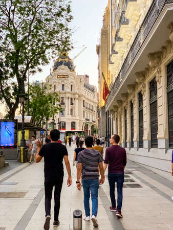 Madrid, Spain - May1-11 2020: View of celebration flags and banners on the city's buildings, after the total lockdown in Madrid due to Coronavirus (COVID-19) infectious diseaseのeditorial素材
