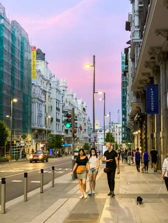 Madrid, Spain - May1-11 2020: View of celebration flags and banners on the city's buildings, after the total lockdown in Madrid due to Coronavirus (COVID-19) infectious diseaseのeditorial素材