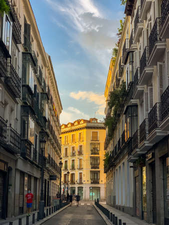 Madrid, Spain - May1-11 2020: View of celebration flags and banners on the city's buildings, after the total lockdown in Madrid due to Coronavirus (COVID-19) infectious diseaseのeditorial素材