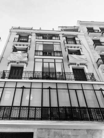 Madrid, Spain - May1-11 2020: View of celebration flags and banners on the city's buildings, after the total lockdown in Madrid due to Coronavirus (COVID-19) infectious diseaseのeditorial素材
