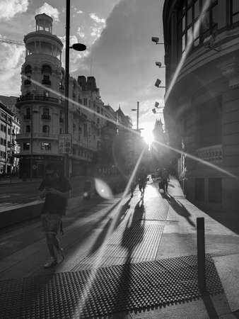 Madrid, Spain - May1-11 2020: View of celebration flags and banners on the city's buildings, after the total lockdown in Madrid due to Coronavirus (COVID-19) infectious diseaseのeditorial素材