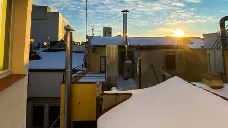 Madrid, Spain - January 12-17, 2021. View of the city center in the aftermath of the historic great snowfall in Madrid due to the storm "borrasca Filomena" in Madrid, Spain in January 2021のeditorial素材